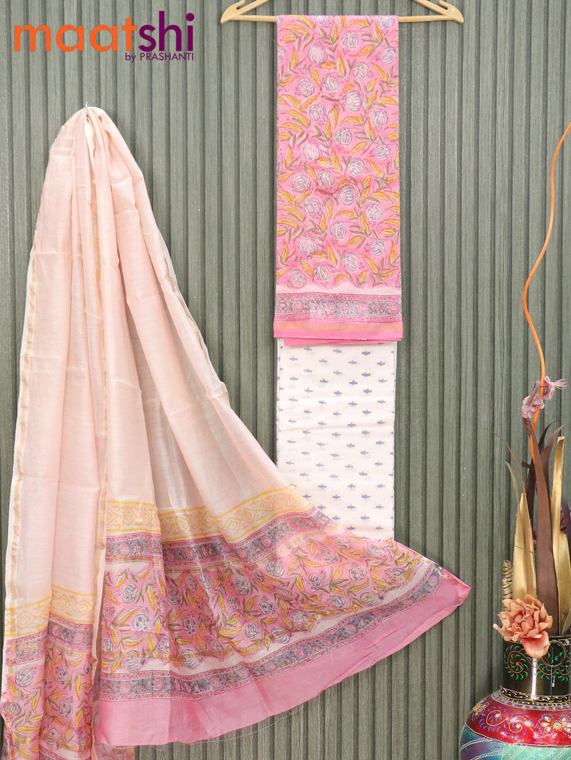 Pure chanderi dress material light pink shade and off white with allover floral prints and small zari woven border