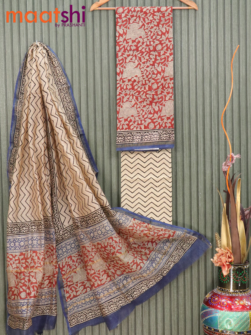Pure chanderi dress material maroon shade and beige with allover kalamkari prints and small zari woven border
