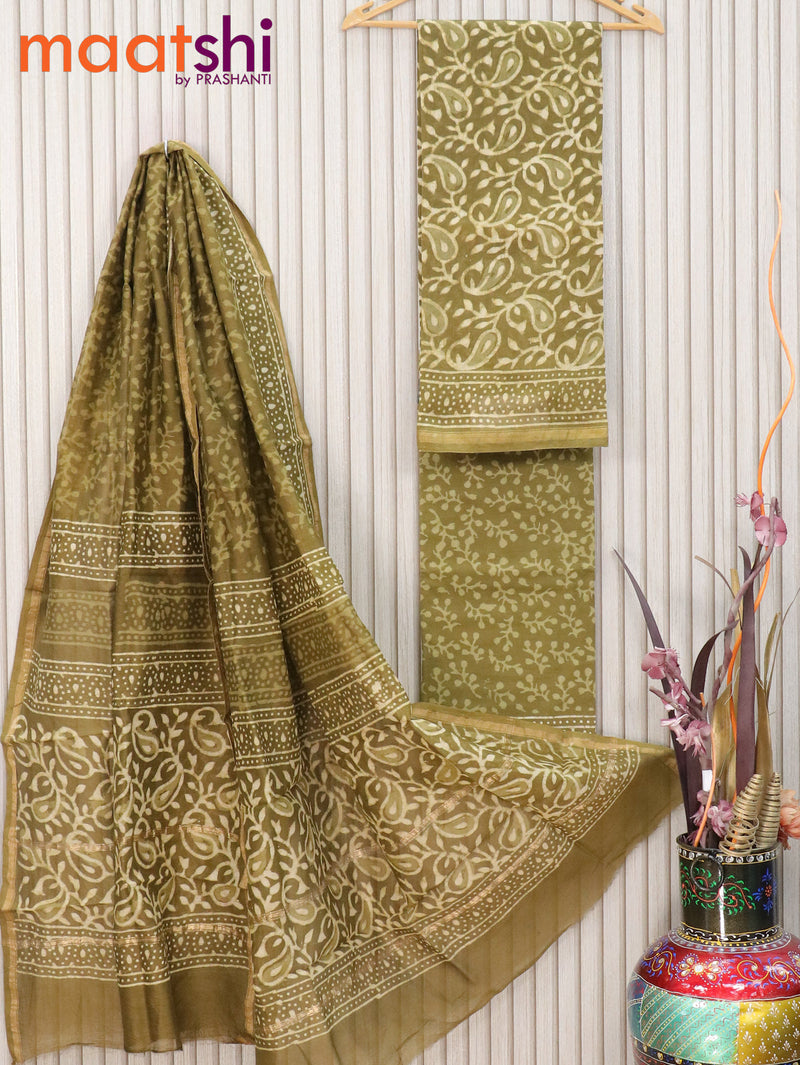 Pure chanderi dress material mehendi green with allover batik prints and small zari woven border