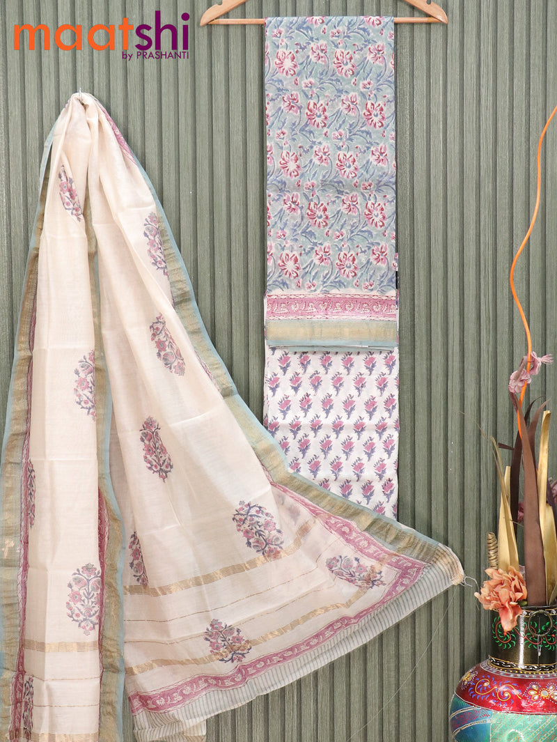 Pure chanderi dress material light blue shade and off white with allover floral prints and maheshwari border