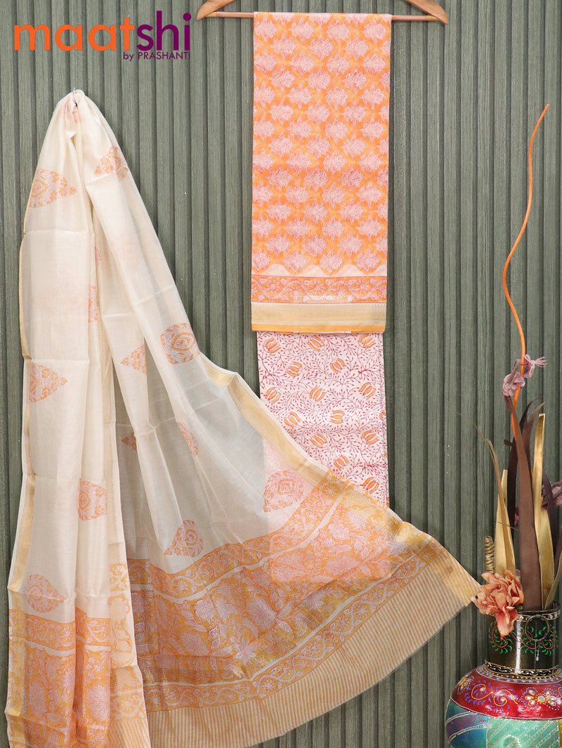 Pure chanderi dress material orange and off white with allover butta prints and maheshwari border