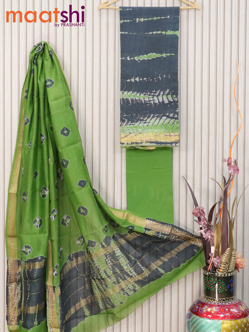 Pure chanderi dress material grey and green with tie & dye prints and maheshwari border