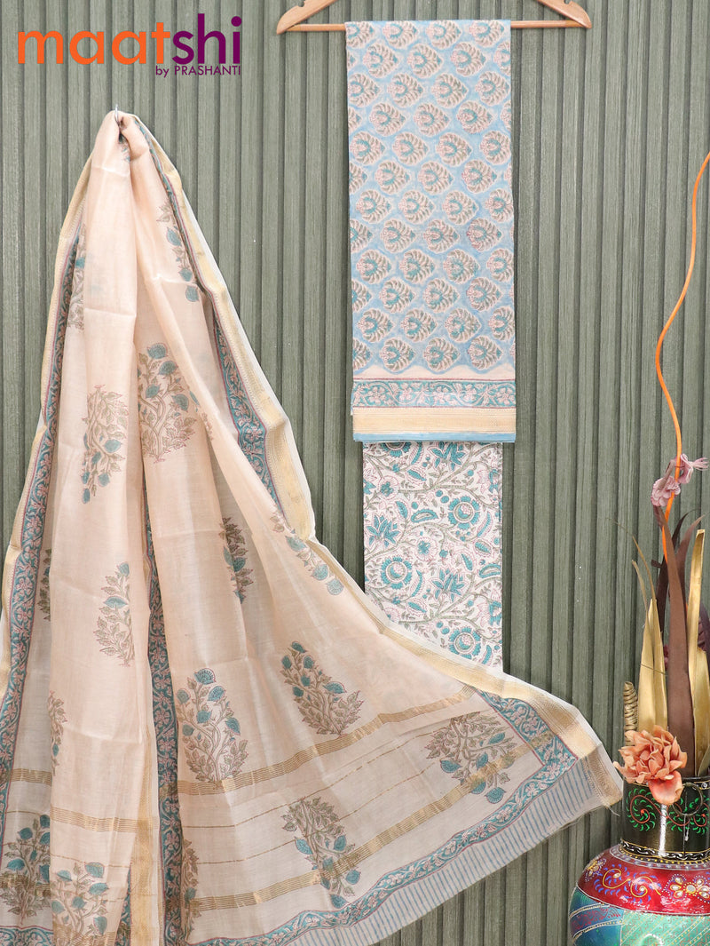 Pure chanderi dress material light blue shade and off white with butta prints and maheshwari border