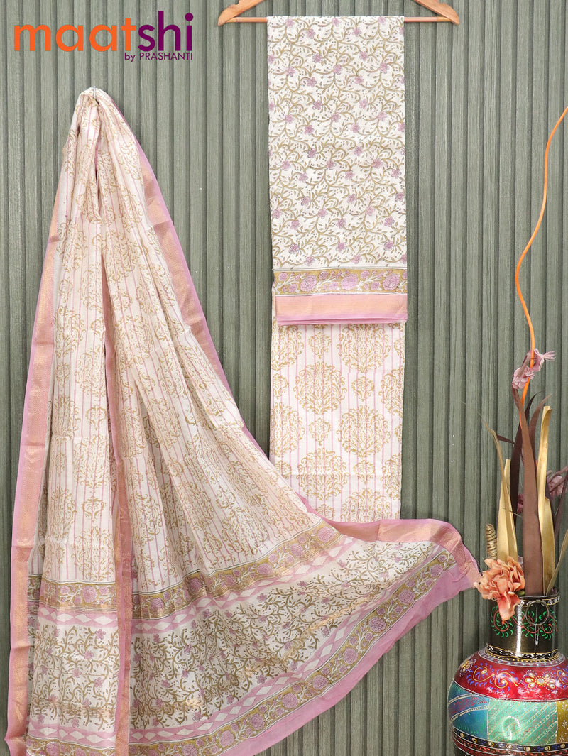 Pure chanderi dress material off white and light pink with allover floral prints and maheshwari border