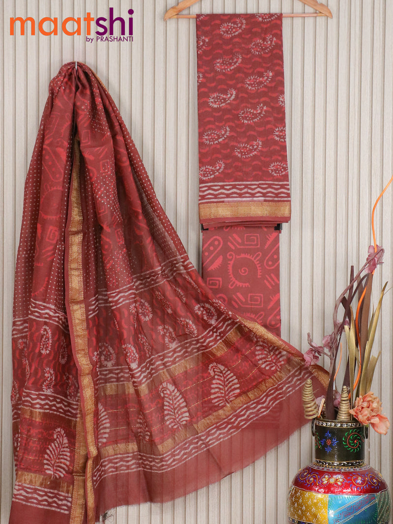 Pure chanderi dress material maroon shade with paisley butta prints and maheshwari border