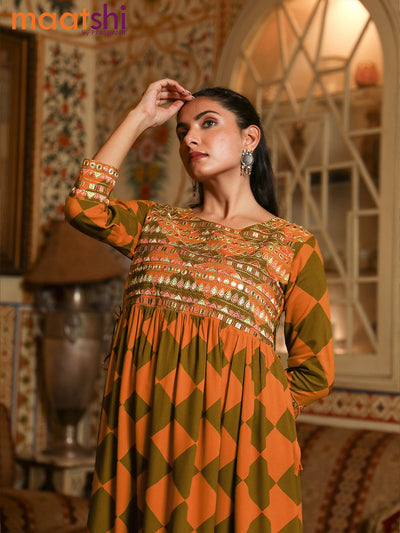 Cotton readymade naira cut kurti dark mustard and sap green with mirror & embroidery work neck pattern without pant