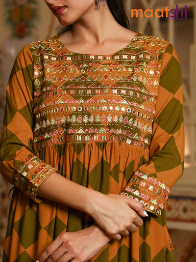 Cotton readymade naira cut kurti dark mustard and sap green with mirror & embroidery work neck pattern without pant