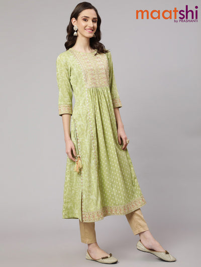 Cotton readymade naira cut kurti pista green with allover prints & embroidery work neck pattern without pant