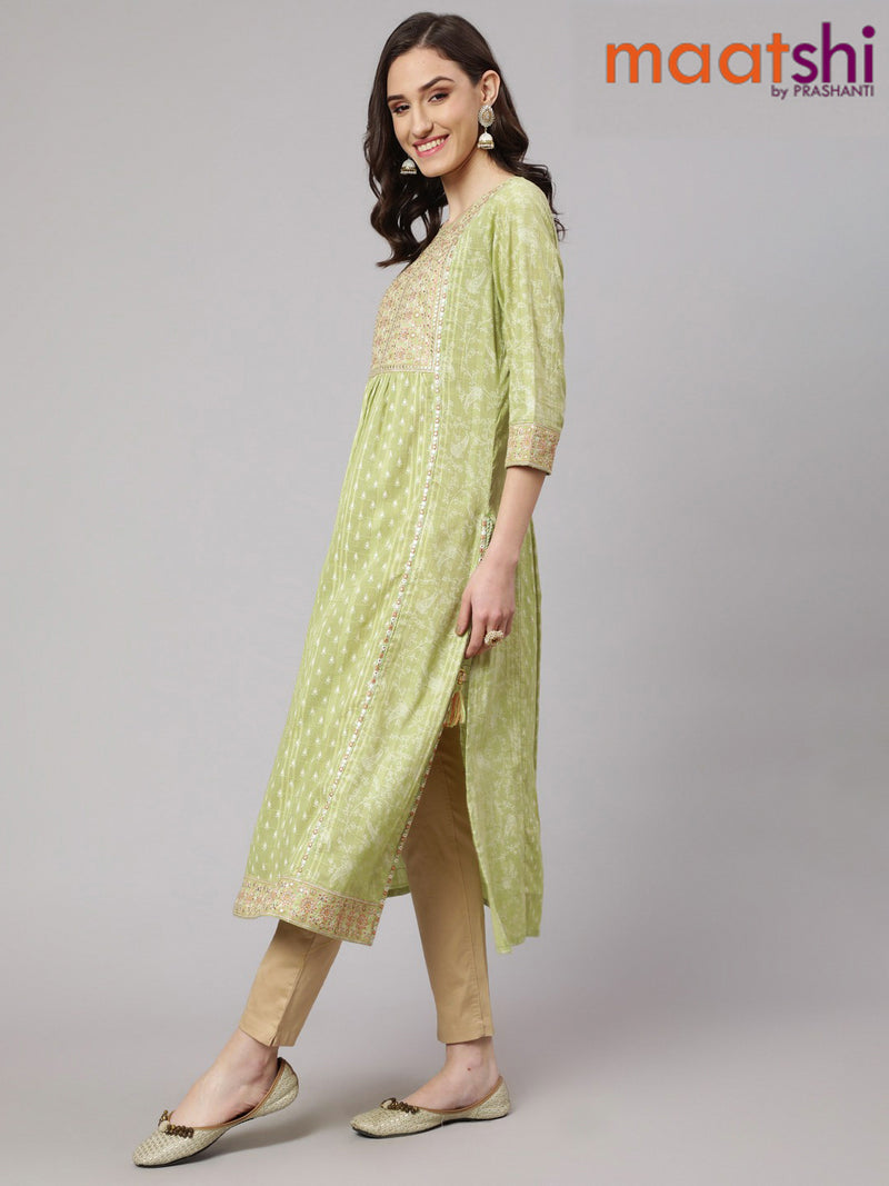 Cotton readymade naira cut kurti pista green with allover prints & embroidery work neck pattern without pant