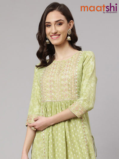 Cotton readymade naira cut kurti pista green with allover prints & embroidery work neck pattern without pant