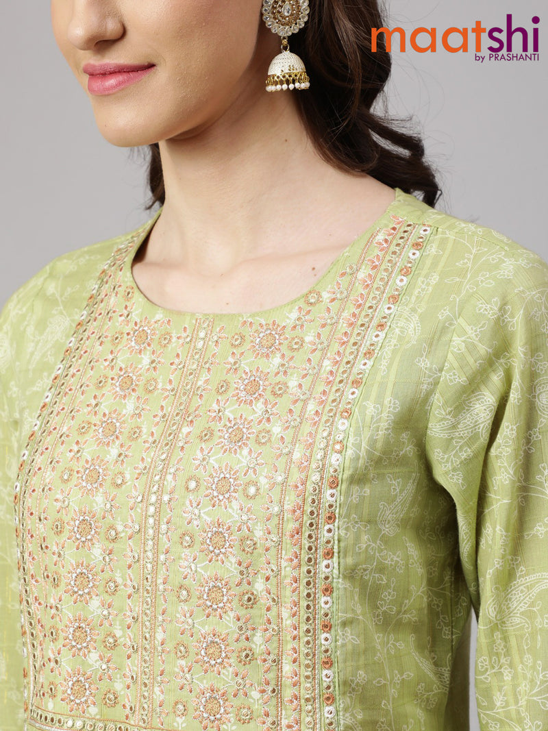 Cotton readymade naira cut kurti pista green with allover prints & embroidery work neck pattern without pant