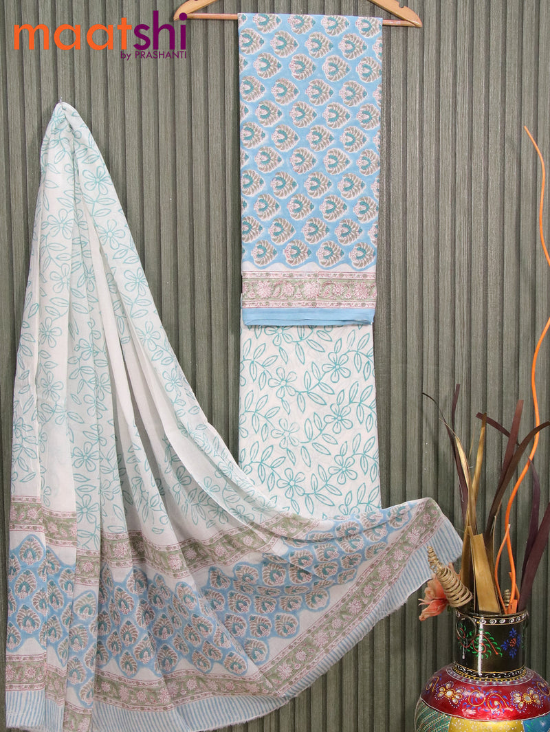 Cotton dress material light blue and off white with allover butta prints and bottom & cotton dupatta