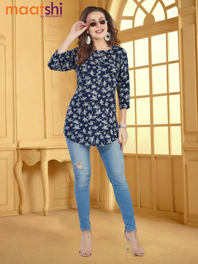 Soft cotton readymade short kurti navy blue with allover floral batik prints & simple neck pattern without pant