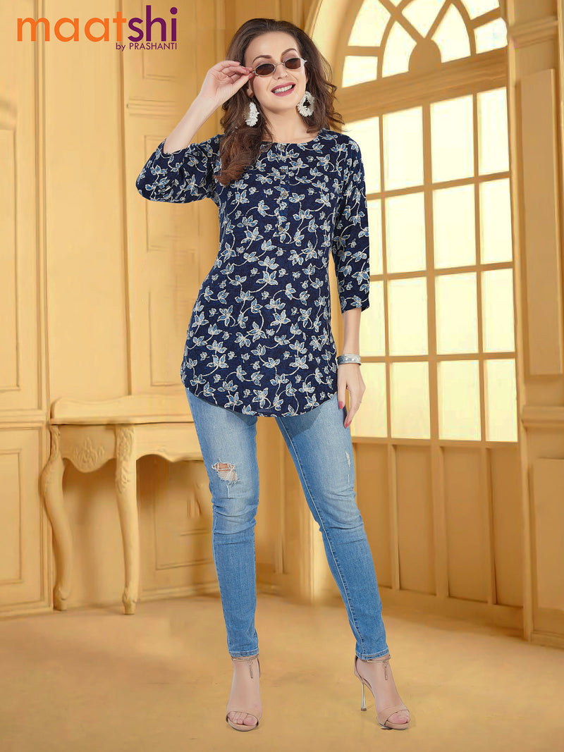 Soft cotton readymade short kurti navy blue with allover floral batik prints & simple neck pattern without pant