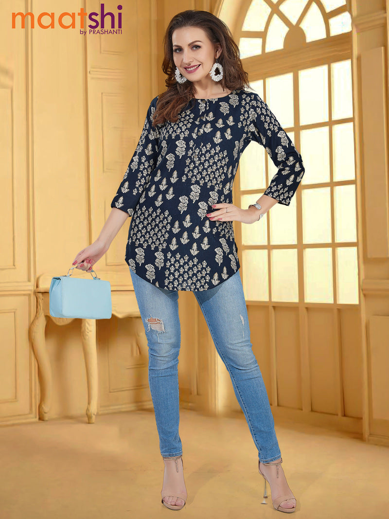 Soft cotton readymade short kurti navy blue with allover prints & simple neck pattern without pant