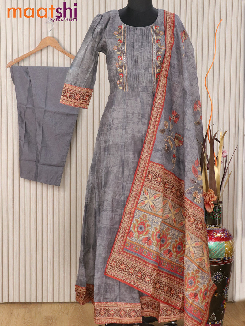 Chanderi readymade anarkali kurti set grey with embroidery & beaded work neck pattern and straight cut pant & dupatta