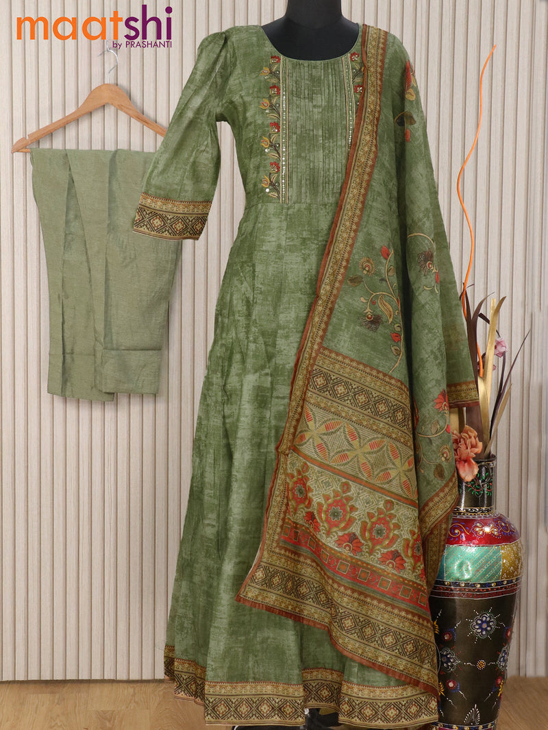 Chanderi readymade anarkali kurti set pastel green with embroidery & beaded work neck pattern and straight cut pant & dupatta
