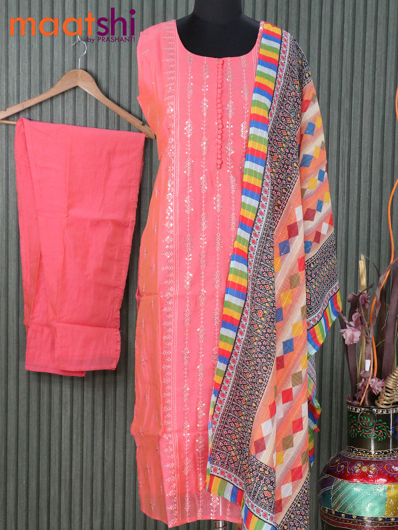 Raw silk readymade kurti set pink shade with embroided & sequin work neck pattern and staight cut pant & printed dupatta