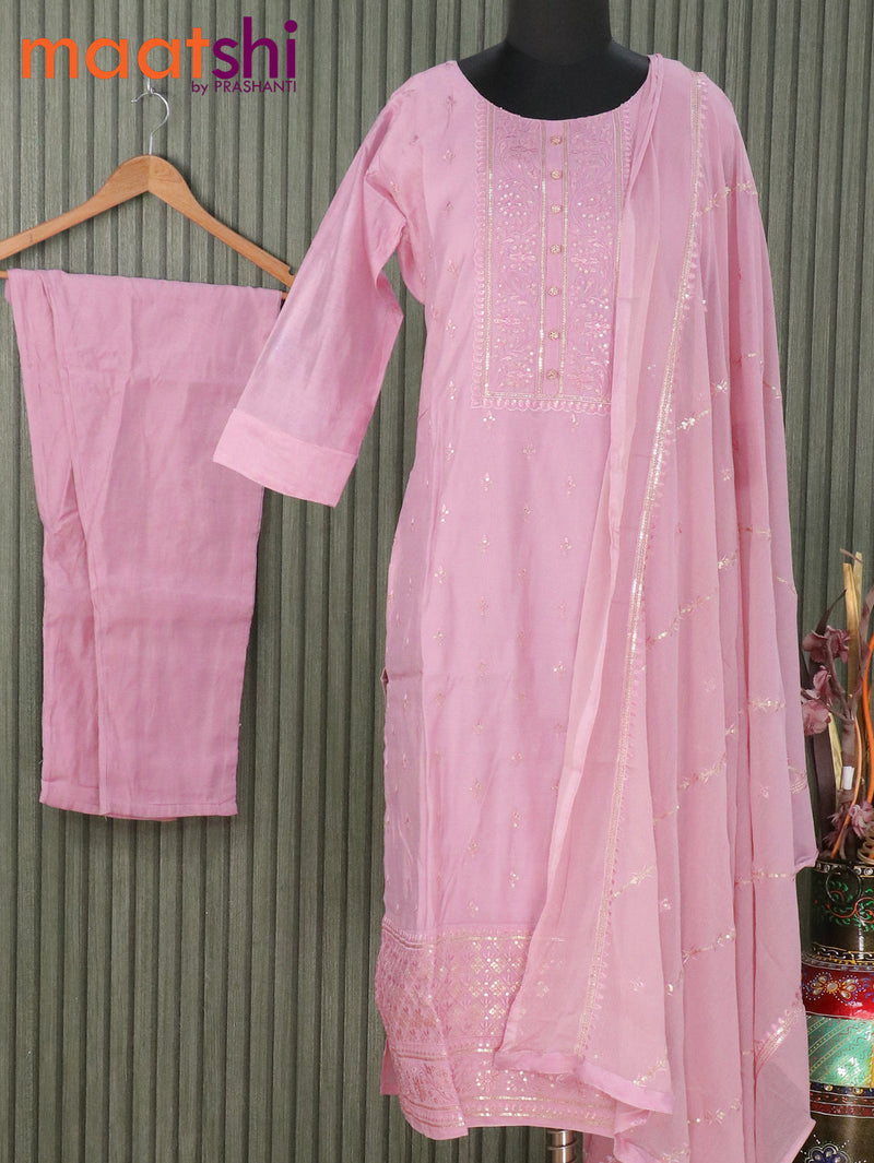 Chanderi readymade kurti set pastel pink with embroided & sequin work neck pattern and straight cut pant & chiffon dupatta