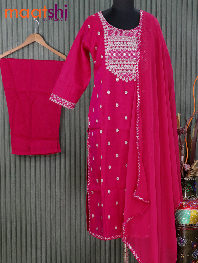 Raw silk readymade kurti set pink with embroided & mirror work neck pattern and straight cut pant & chiffon dupatta