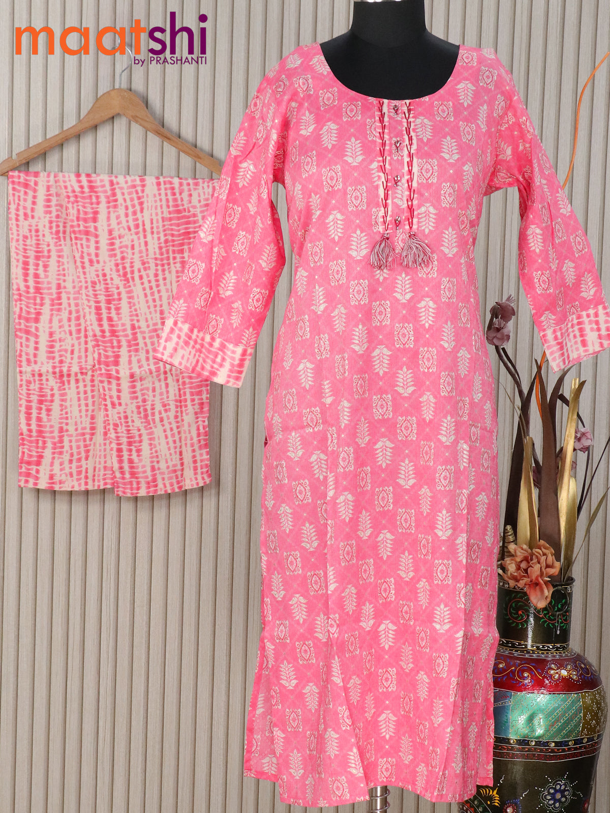 Rayon readymade kurti pink and beige with allover butta prints and straight cut pant