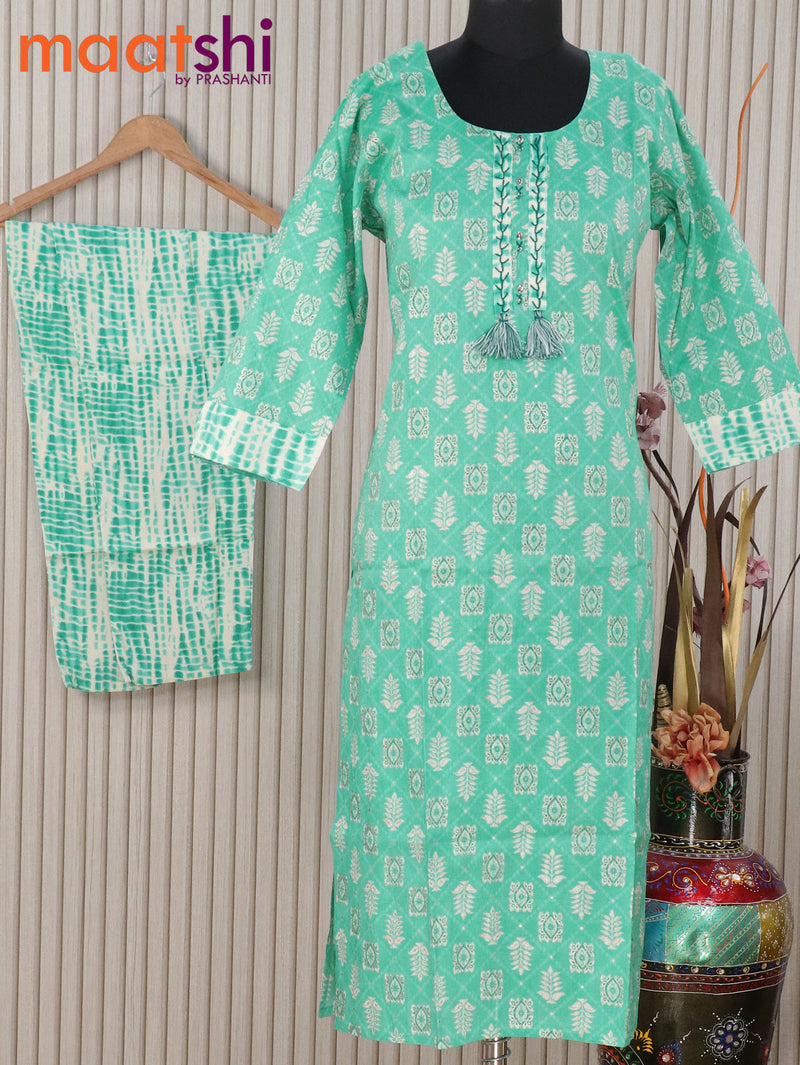 Rayon readymade kurti teal blue and beige with allover butta prints and straight cut pant