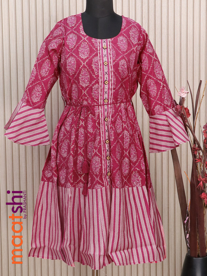 Muslin readymade short umbrella kurti pink with allover prints & embroidery work neck pattern without pant