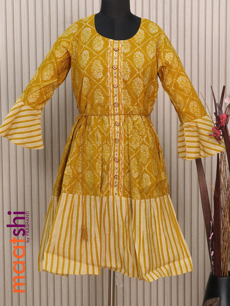 Muslin readymade short umbrella kurti mustard yellow with allover prints & embroidery work neck pattern without pant
