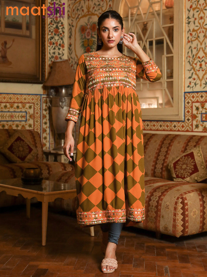 Cotton readymade naira cut kurti mustard shade and sap green with geometric prints & embroidery mirror work neck pattern without pant