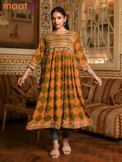 Cotton readymade naira cut kurti mustard shade and sap green with geometric prints & embroidery mirror work neck pattern without pant