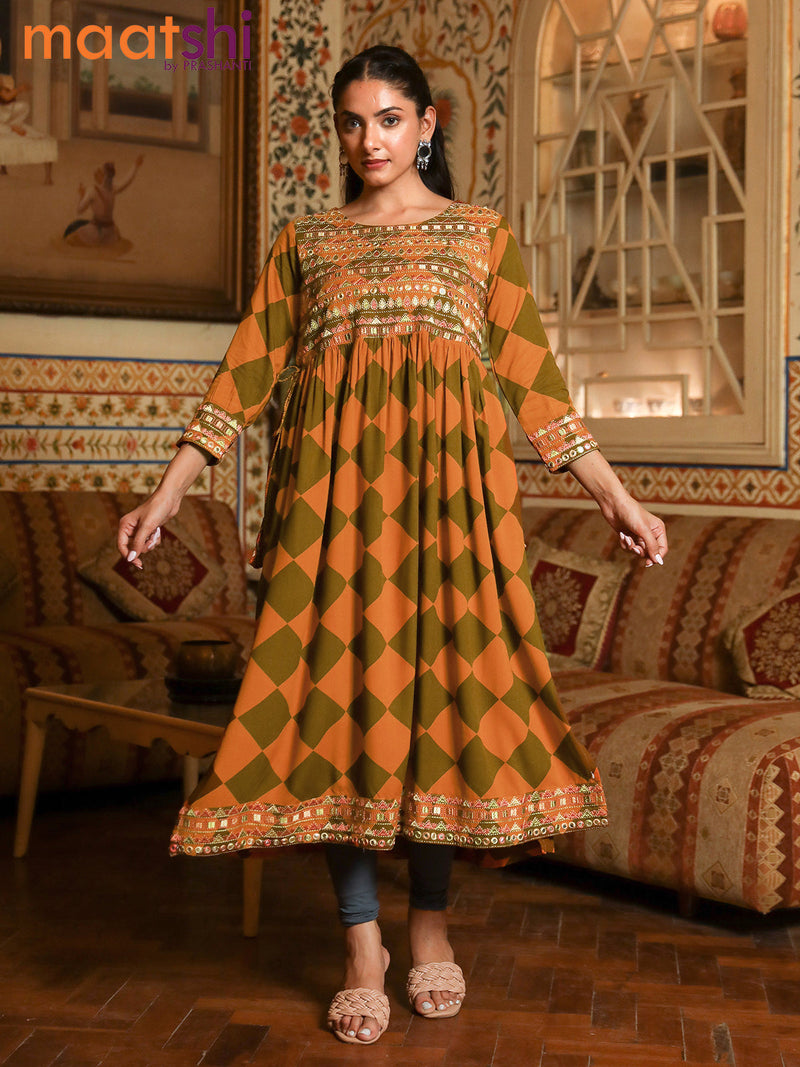 Cotton readymade naira cut kurti mustard shade and sap green with geometric prints & embroidery mirror work neck pattern without pant