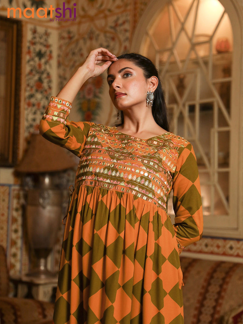 Cotton readymade naira cut kurti mustard shade and sap green with geometric prints & embroidery mirror work neck pattern without pant