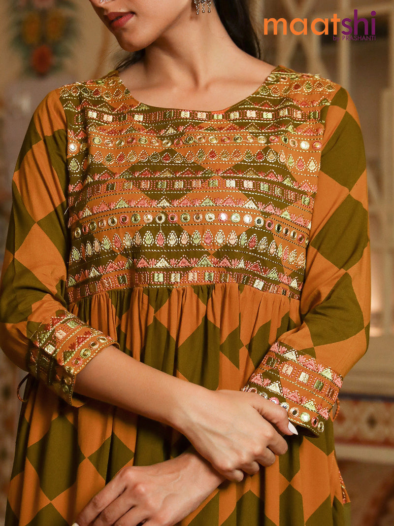 Cotton readymade naira cut kurti mustard shade and sap green with geometric prints & embroidery mirror work neck pattern without pant