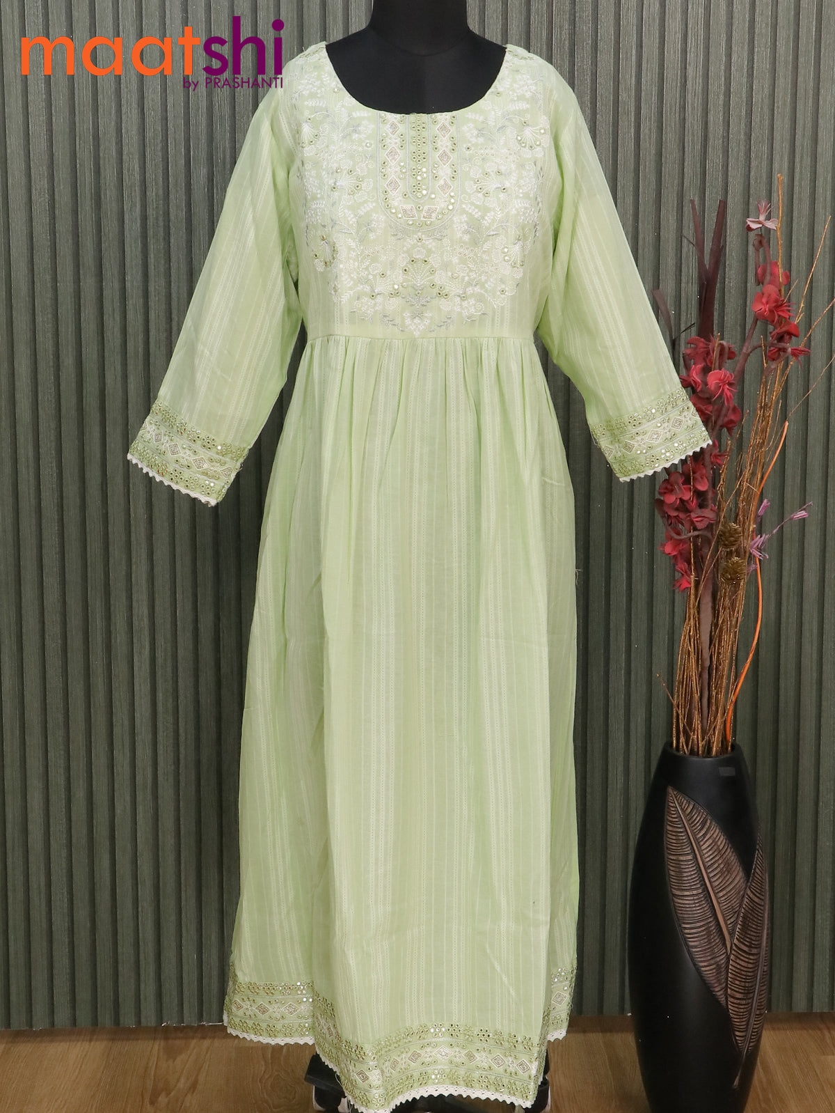 Cotton readymade naira cut kurti pista green with embroidery neck pattern without pant