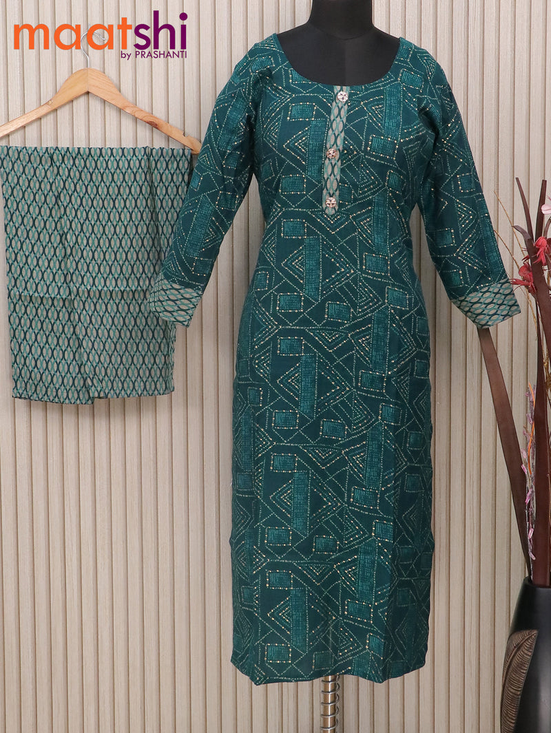 Rayon readymade kurti peacock green and beige with allover geometric prints & simple neck pattern and straight cut pant