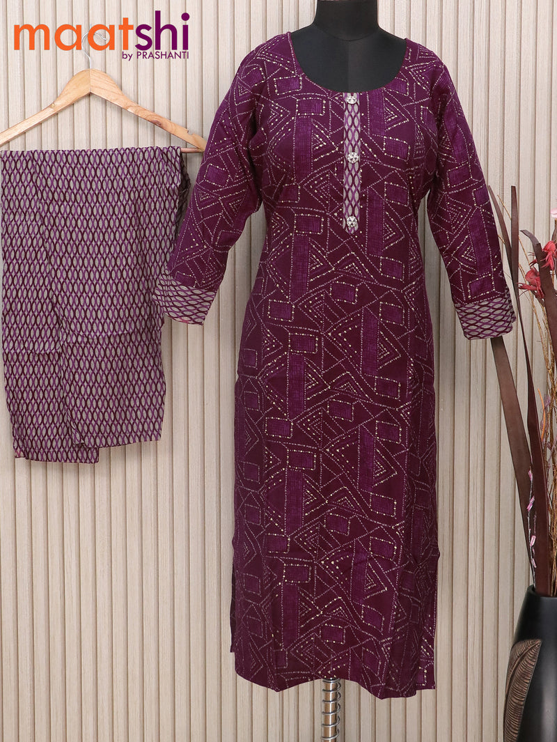 Rayon readymade kurti wine shade and beige with allover geometric prints & simple neck pattern and straight cut pant