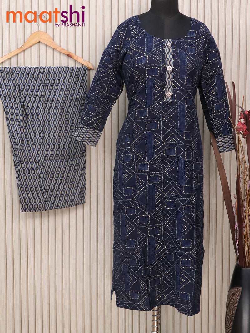 Rayon readymade kurti navy blue and beige with allover geometric prints & simple neck pattern and straight cut pant