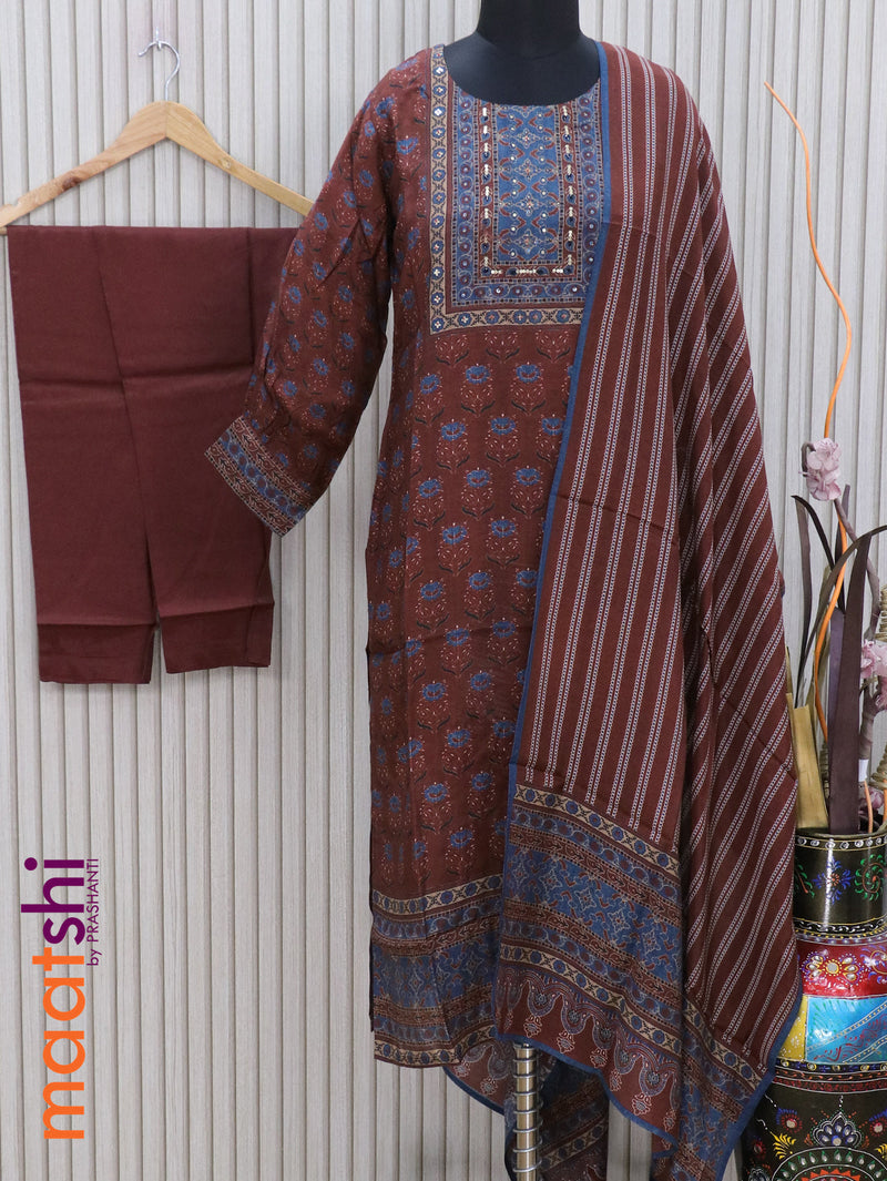Modal readymade kurti set maroon with allover floral prints & embroidery work neck pattern and straight cut pant & printed dupatta