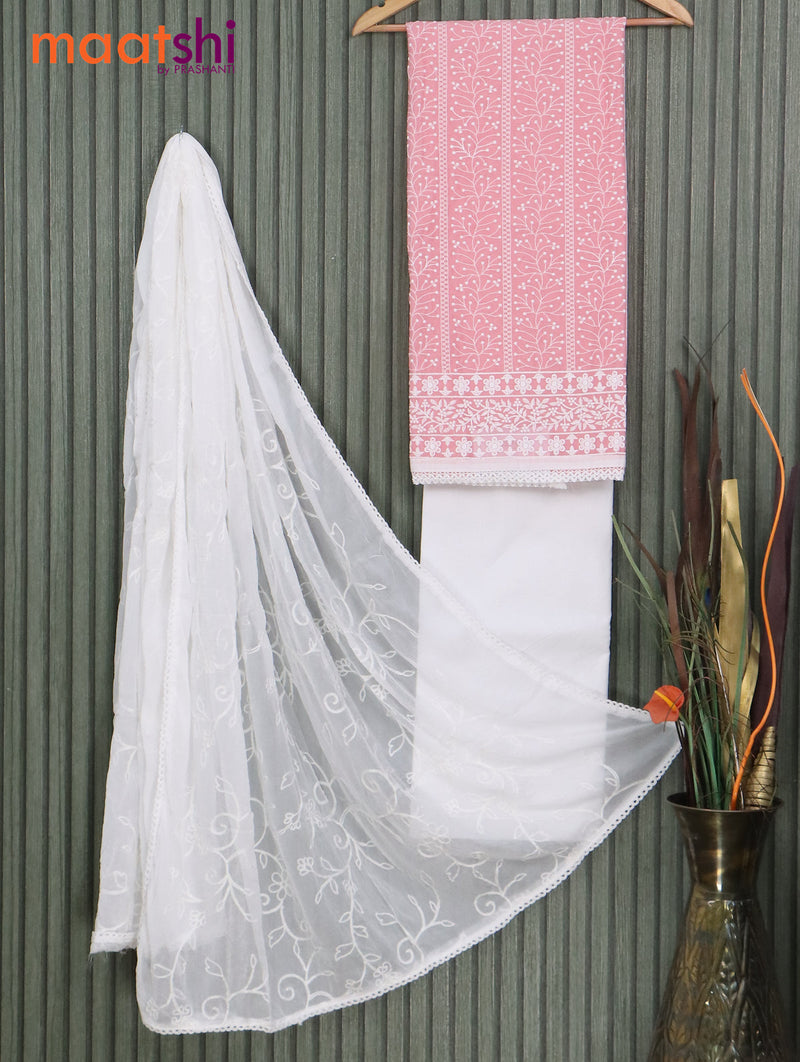Chanderi dress material peach pink and off white with allover embroidery work and bottom & chiffon embroidery dupatta