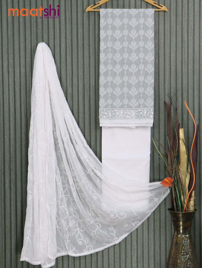 Chanderi dress material grey and off white with allover embroidery work and bottom & chiffon embroidery dupatta
