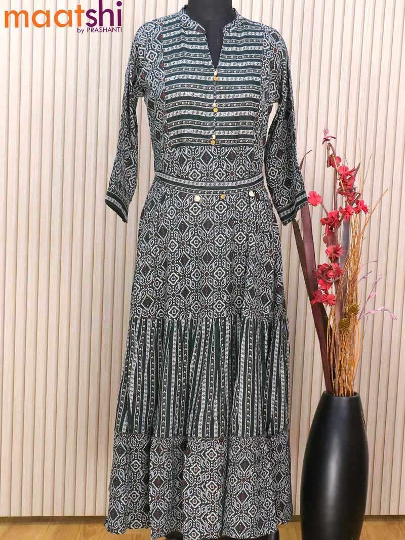 Cotton readymade floor length kurti dark bottle green with allover prints & mirror work neck pattern without pant