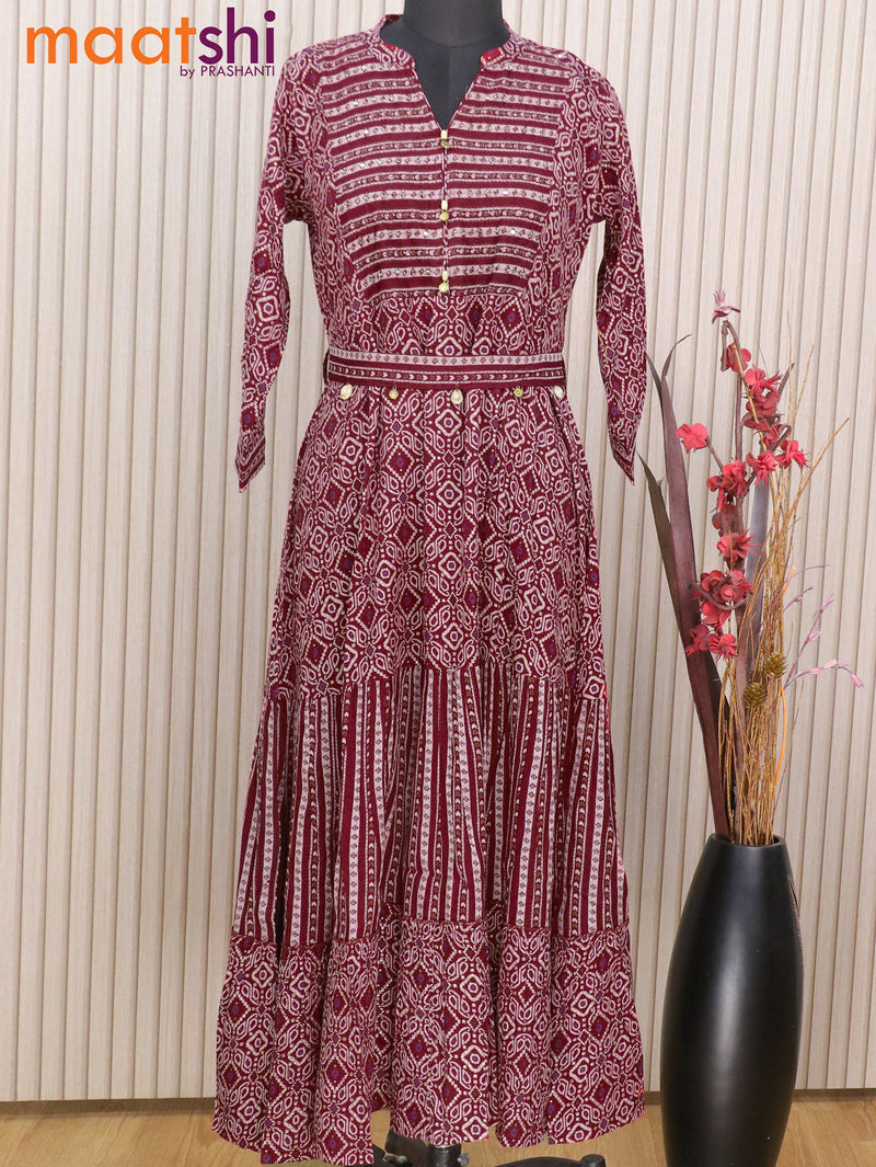 Cotton readymade floor length kurti maroon with allover prints & mirror work neck pattern without pant