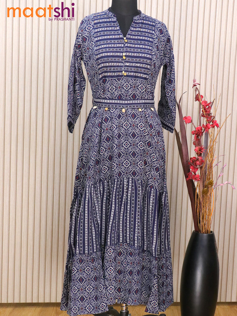 Cotton readymade floor length kurti navy blue with allover prints & mirror work neck pattern without pant