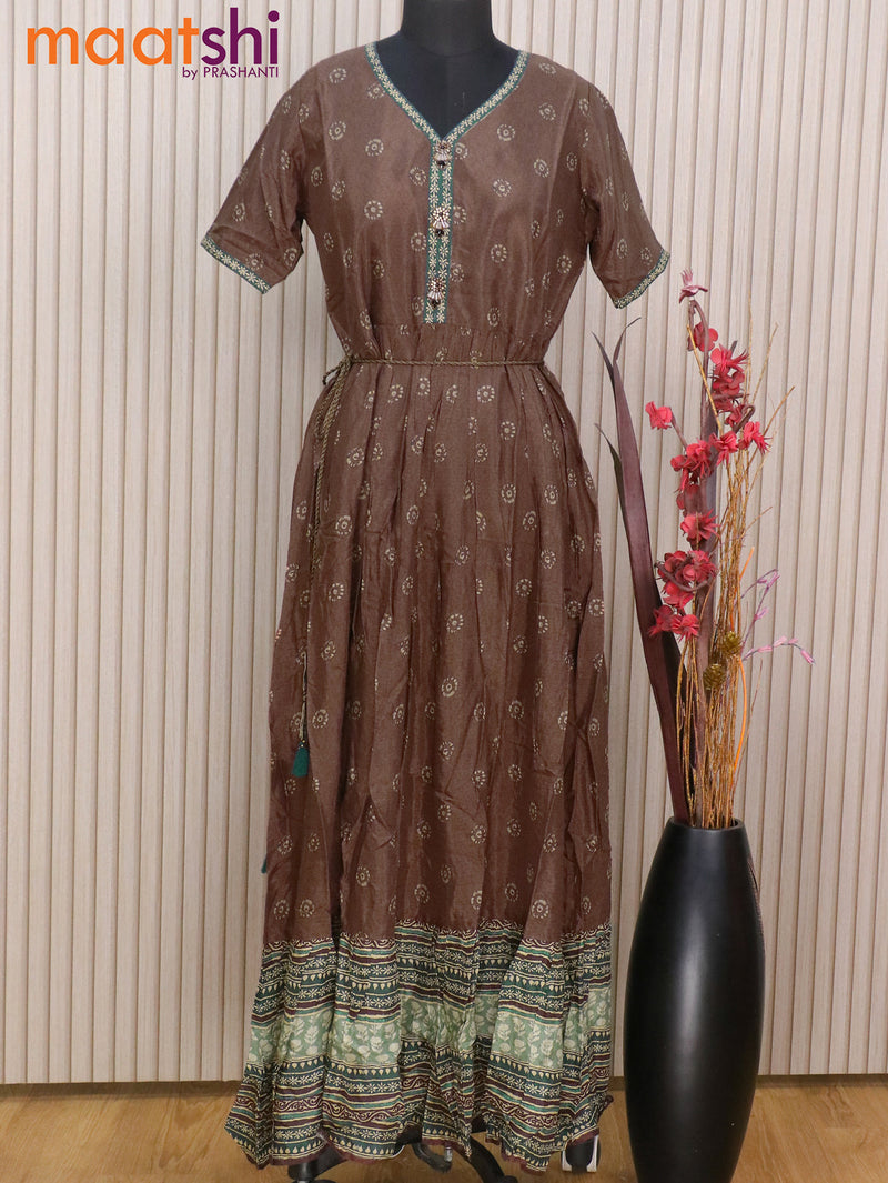 Muslin readymade floor length brown with allover prints & simple work neck pattern without pant