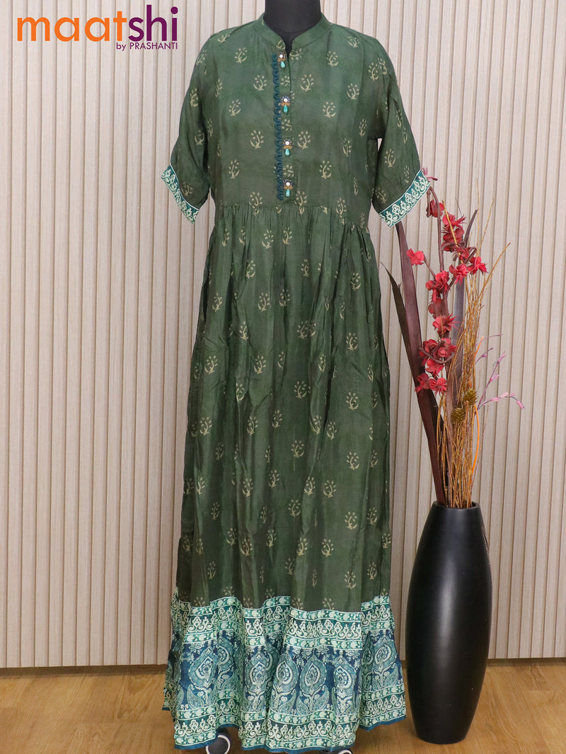 Muslin readymade floor length sap green with allover prints & simple work neck pattern without pant
