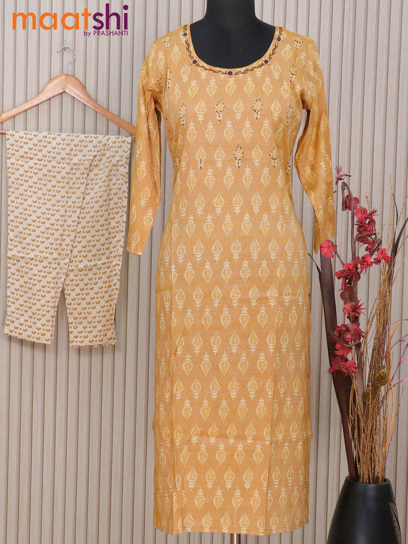 Rayon readymade kurti dark mustard shade with allover prints & kantha stitch work neck pattern and straight cut pant