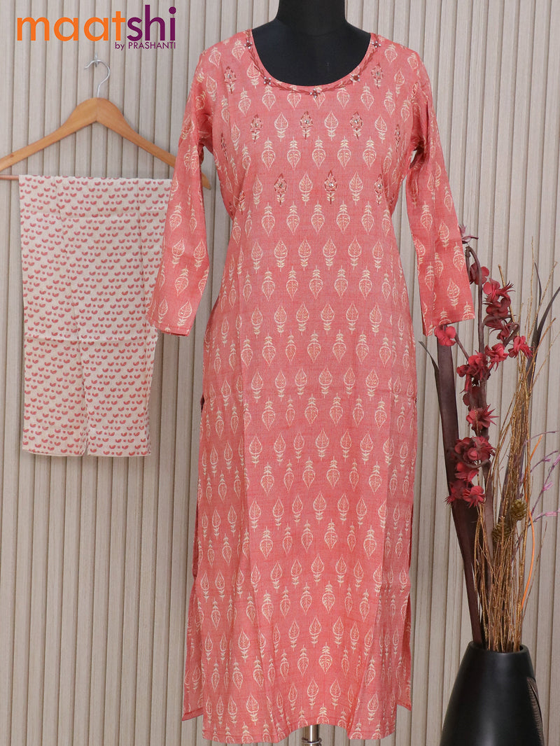 Rayon readymade kurti red shade and cream with allover prints & kantha stitch work neck pattern and straight cut pant