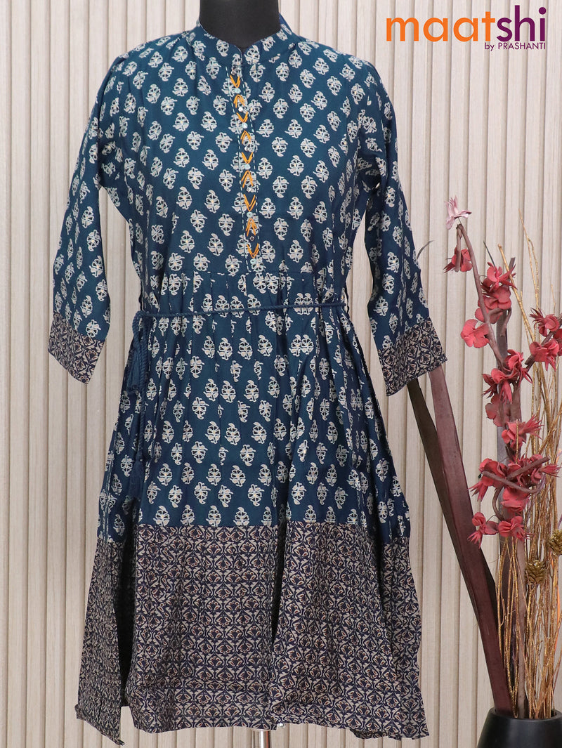 Modal readymade short umbrella kurti peacock blue with allover prints & simple embroidery work neck pattern without pant