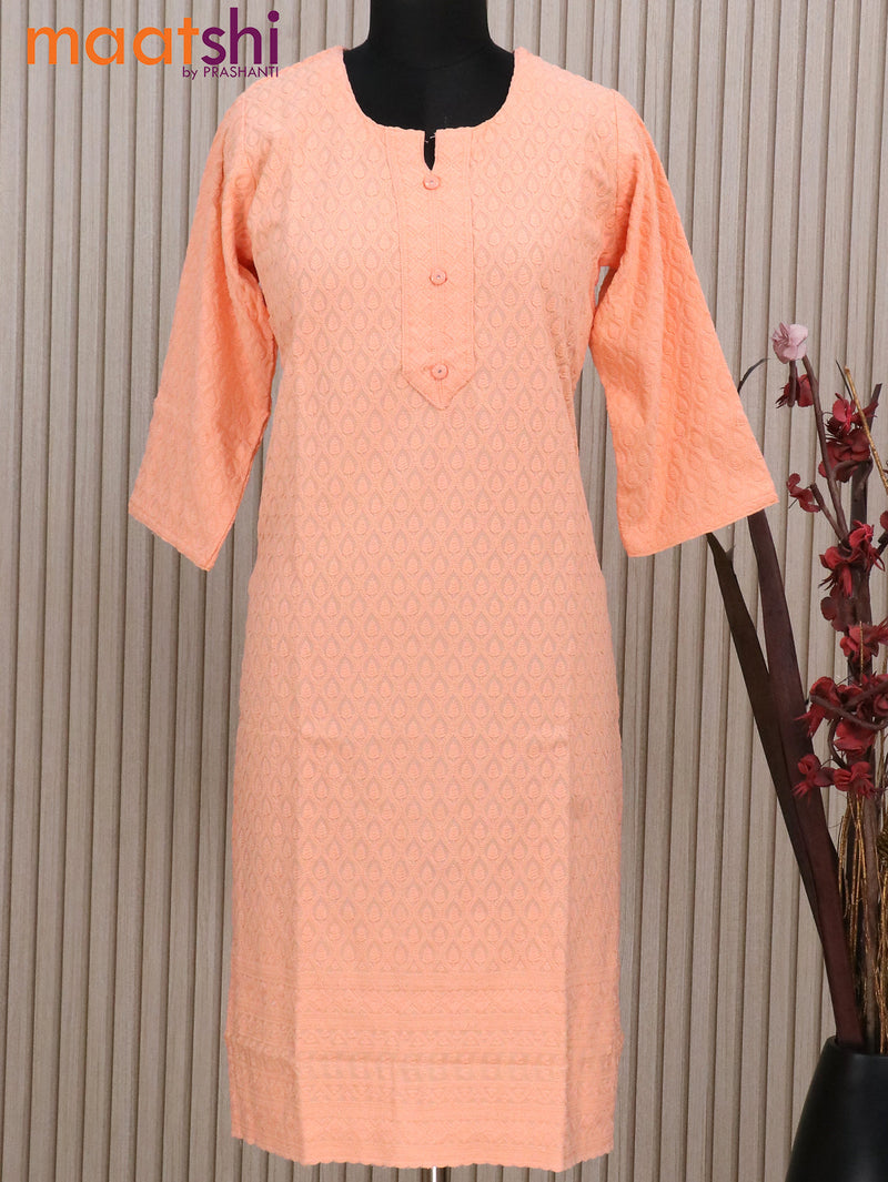 Soft cotton readymade kurti peach orange with allover chikankari work & simple neck pattern without pant