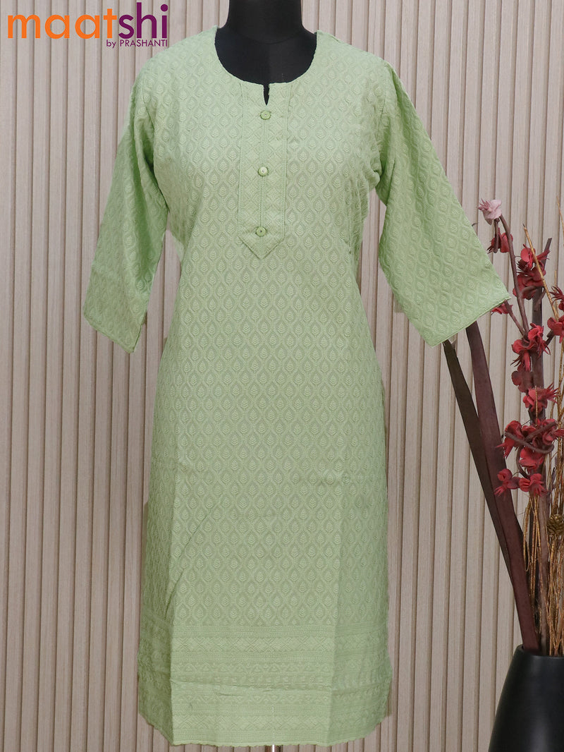 Soft cotton readymade kurti pastel green with allover chikankari work & simple neck pattern without pant
